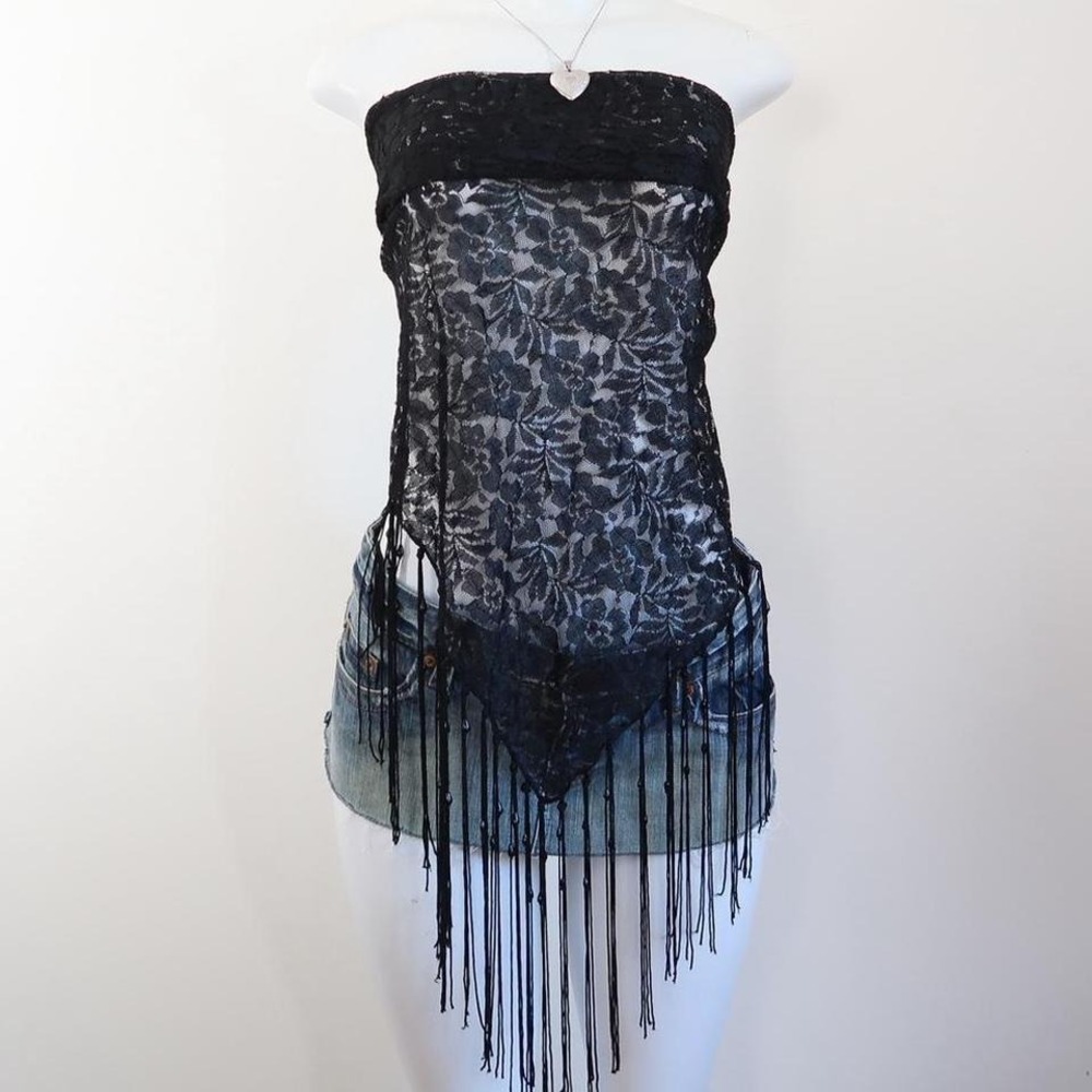 black sheer lace fringe tube top festival y2k scarf